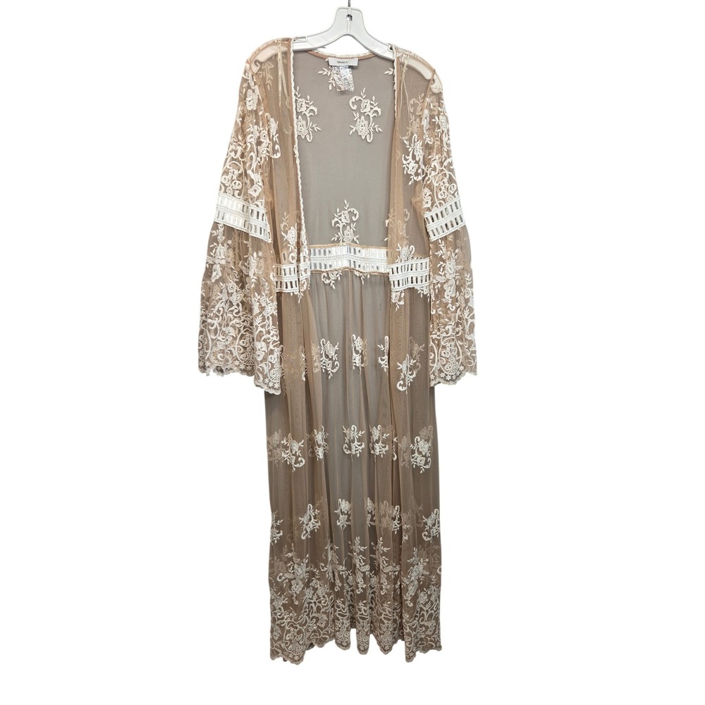 Forever 21 Sheer Lace Maxi Kimono Cardigan 2X Beige White Mesh Floral Embroidery